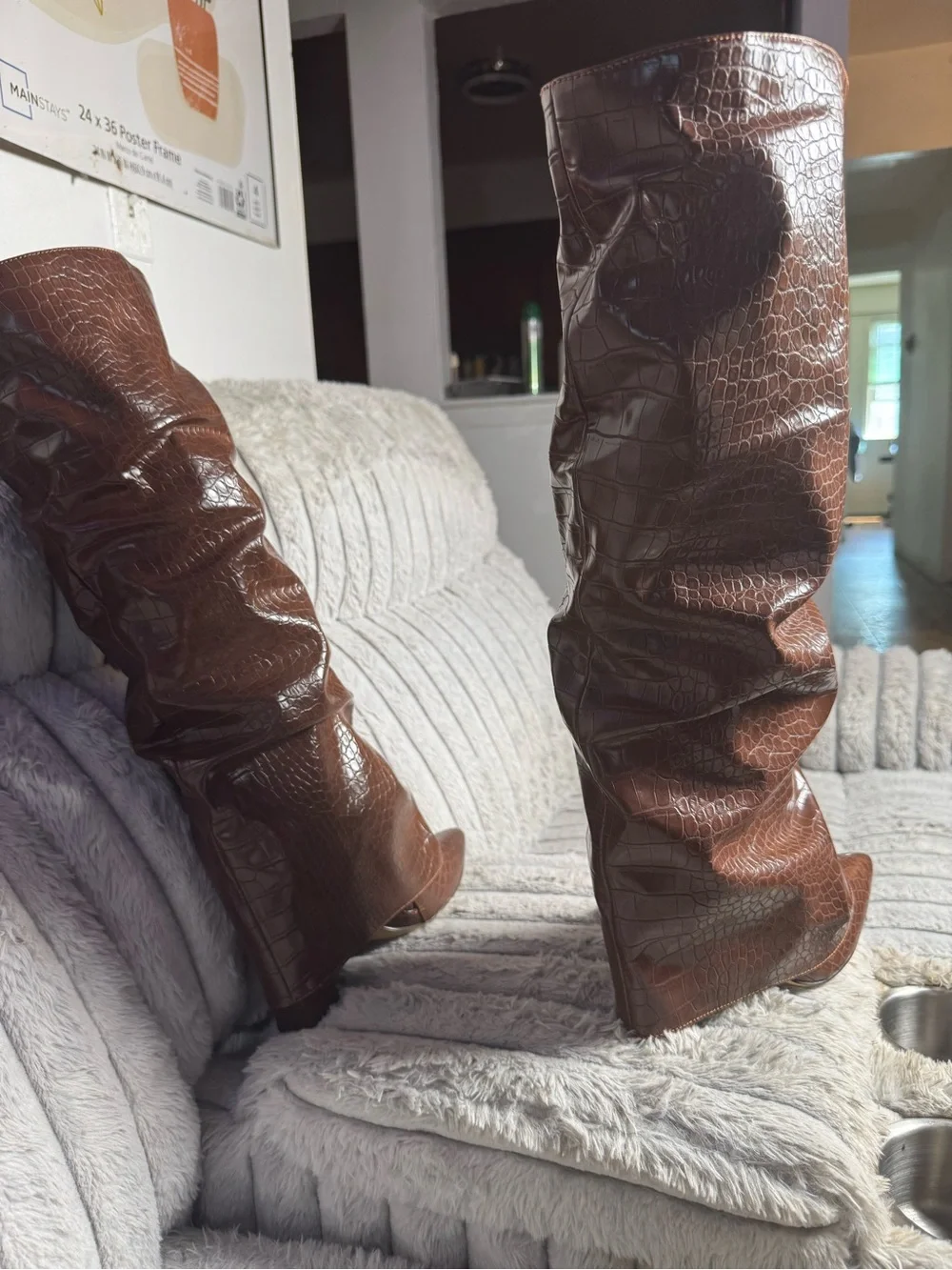 Croc-Embossed Slouch Over-the-Knee Boot in Brown